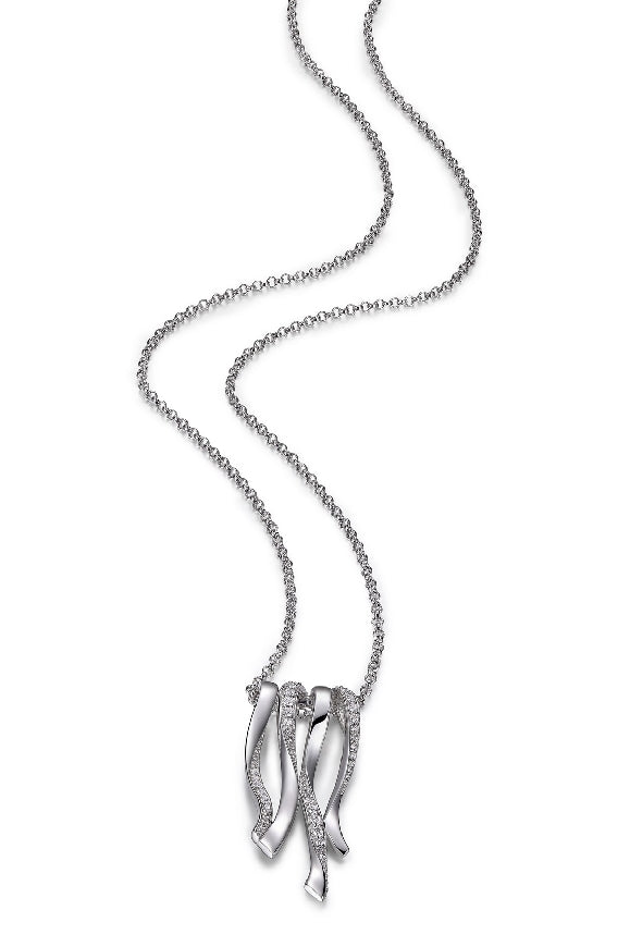 Lady's sterling silver ELLE 'Ocean' necklace set with white cubic zirconias on an open link chain in 18' length with 2' extender