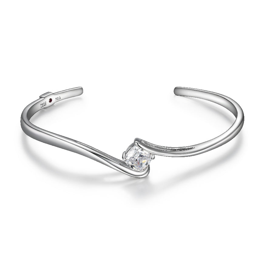 ELLE - Sterling silver cuff style bangle set with one white cushion cut CZ