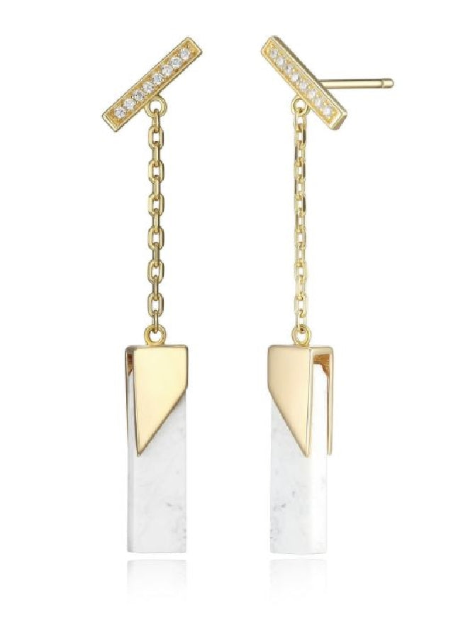 Lady's sterling silver gold plated ELLE 'Spatial' Bar drop Howlite earrings with CZ