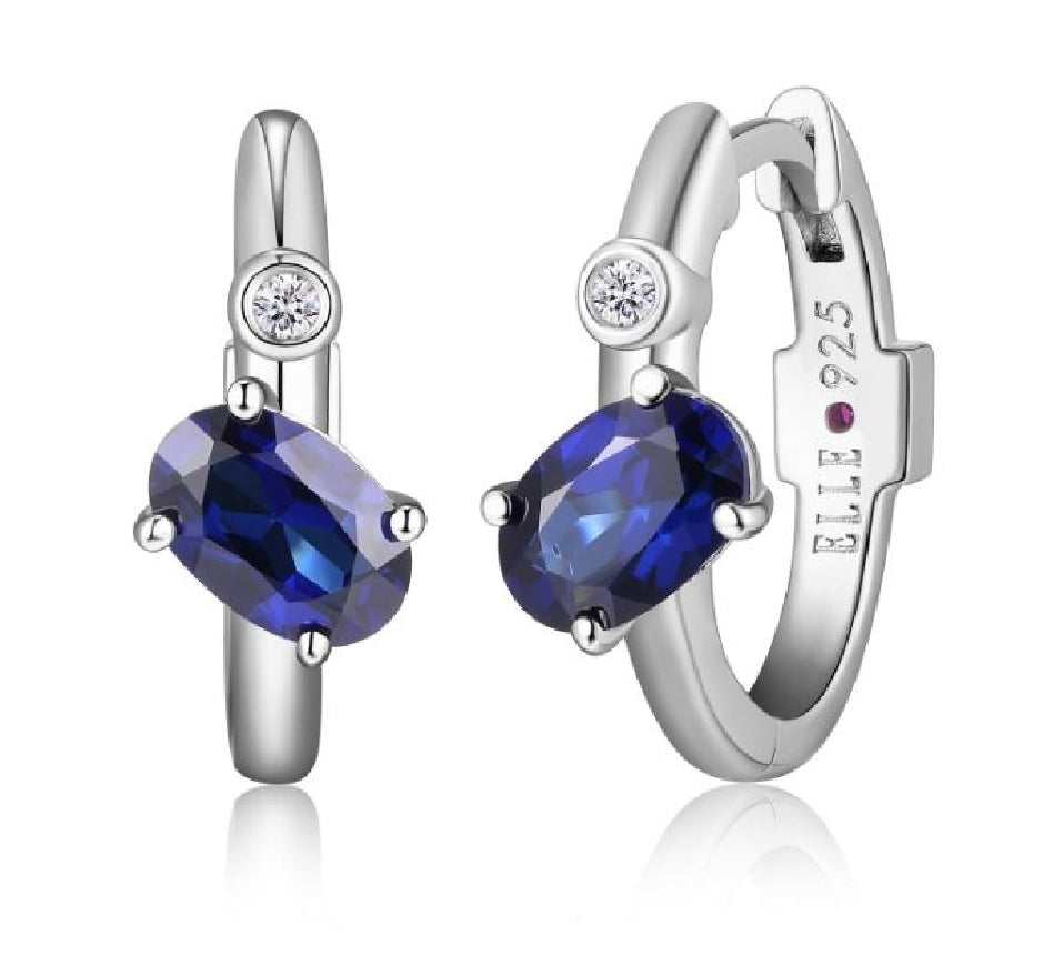 Lady's sterling silver ELLE 'Blue Star' created sapphire hoop earrings and set with lab grown diamonds