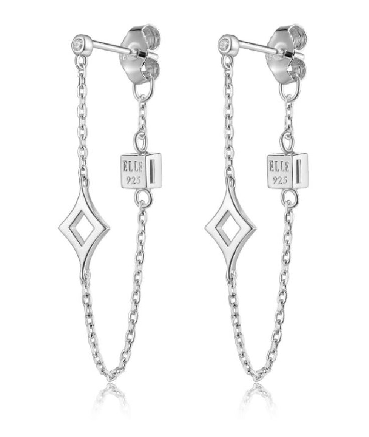 Sterling silver ELLE 'Stellar' rhombus chain stud earrings set with CZ