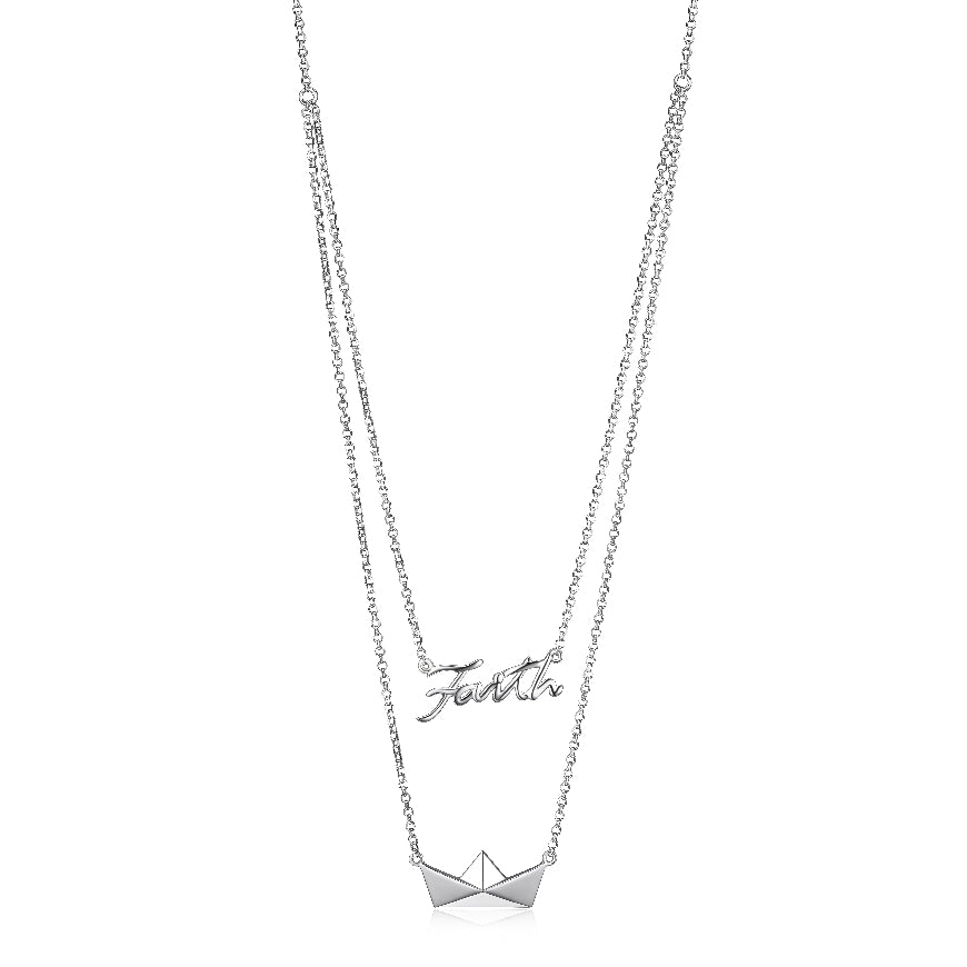 ELLE sterling silver 'ORIGAMI' FAITH necklace and boat on a 16' + 2' chain