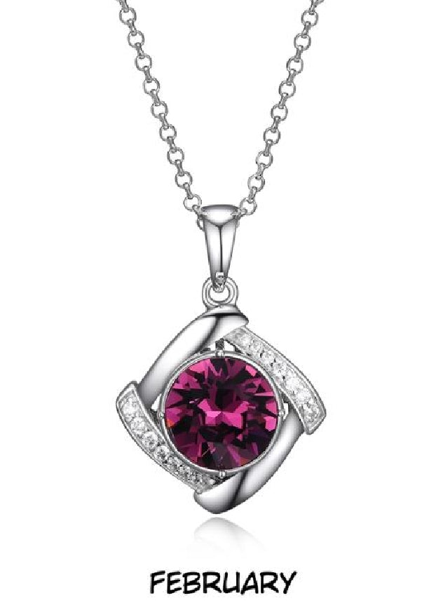 Lady's sterling silver ELLE 'Birthstone' pendant set with Amethyst colour Swarovski Crystal and CZ on a 17' + 2' chain